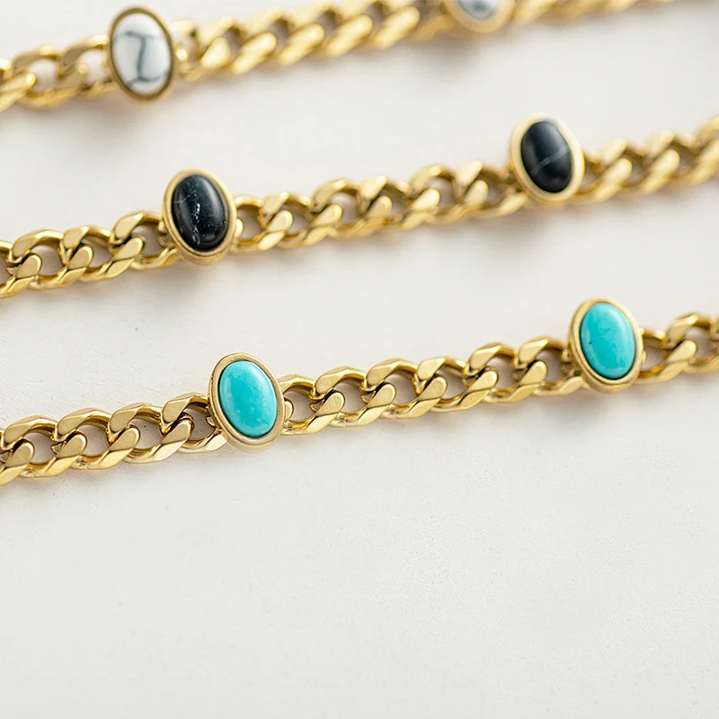 Simple Natural Stone Bracelet Oval Turquoise Cuban Chain Bracelet