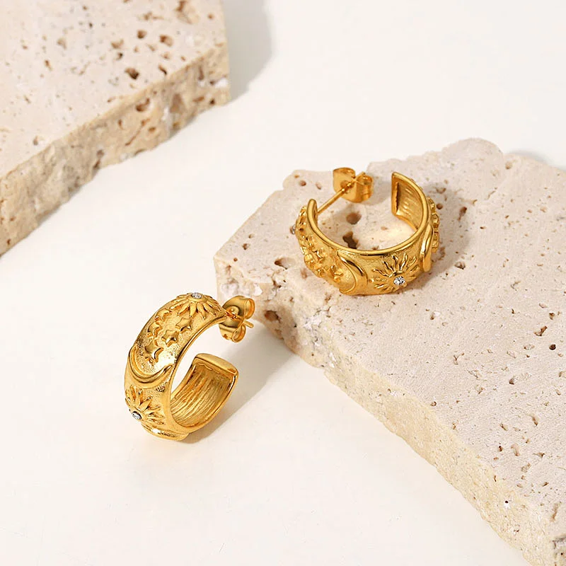 Fashion Cubic Zirconia Embossed Moon Design Stud Earrings