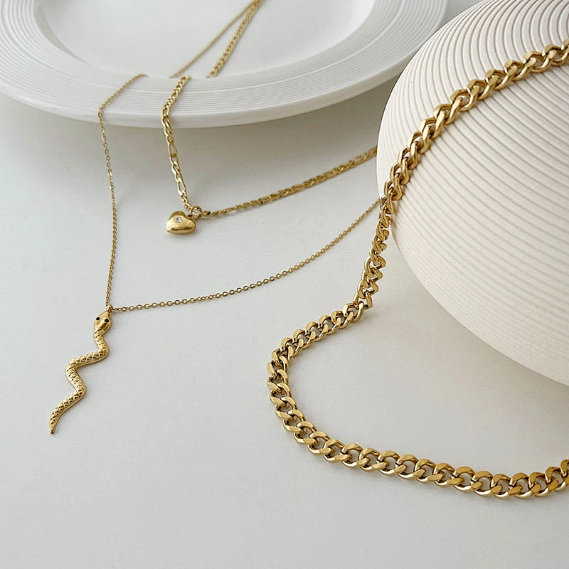 Simple Heart Zircon Pendant Necklace Snake Pendant Multilayer Necklace