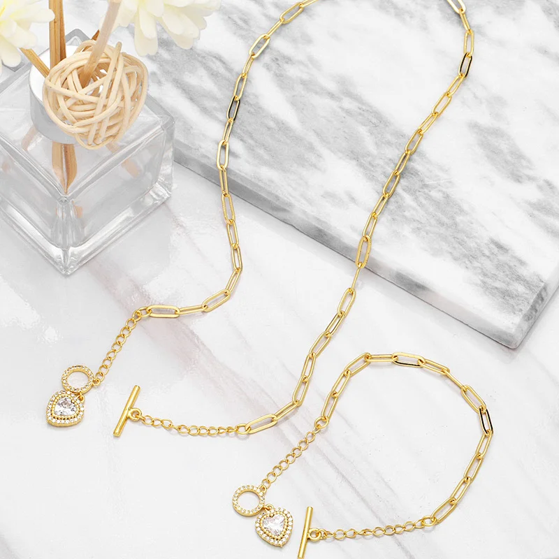 OT Clasp Jewlry Set Heart Shaped Zirconia Necklace Bracelet