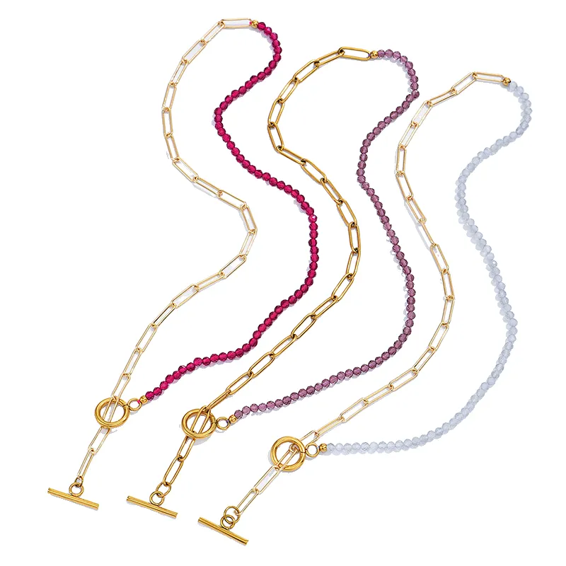Simple OT Buckle Beaded Necklace Stainless Steel Chain Necklace