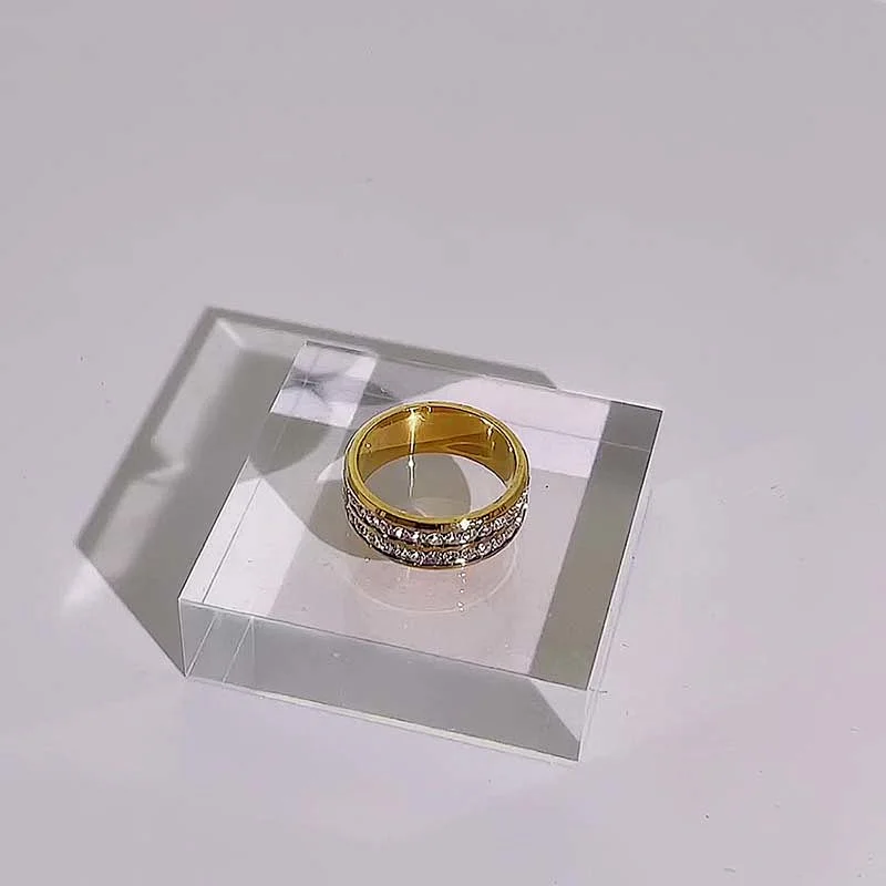 Gold Plated Double Row Rhinestone Stainless Steel Ring