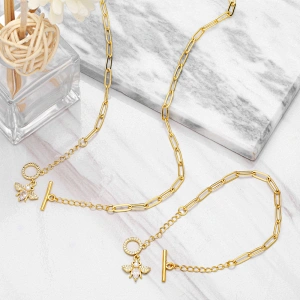 Ins Fashion OT Clasp Jewlry Set Creative Geometric Design Cubic Zirconia Bee Necklace Bracelet