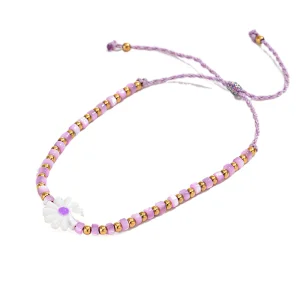 Handmade Braided Daisy Purple Beaded Stainless Steel Bracelet
