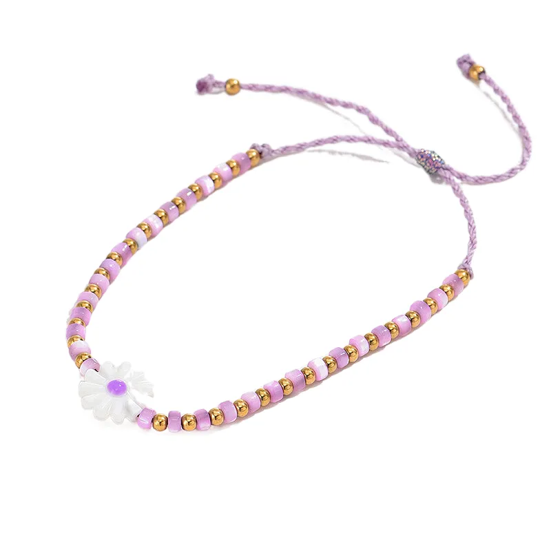 Handmade Braided Daisy Purple Beaded Stainless Steel Bracelet