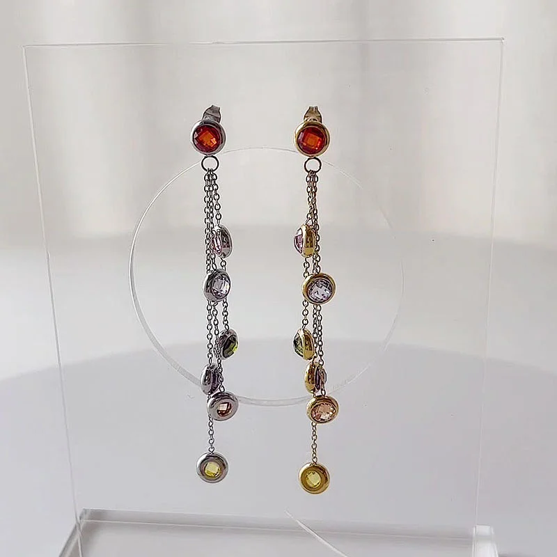 Stainless Steel Zircon Earrings Long Tassel Design Earrings