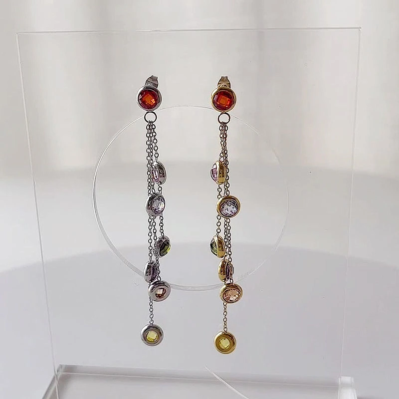 Stainless Steel Zircon Earrings Long Tassel Design Earrings