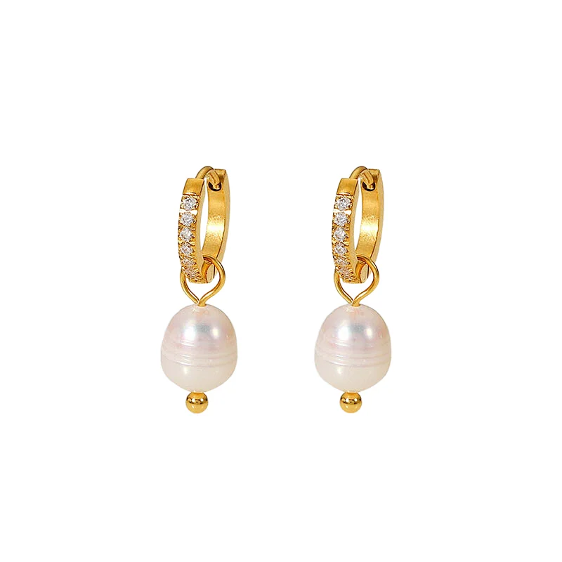 Retro Zircon Hoop Earring Freshwater Pearl Drop Earrings