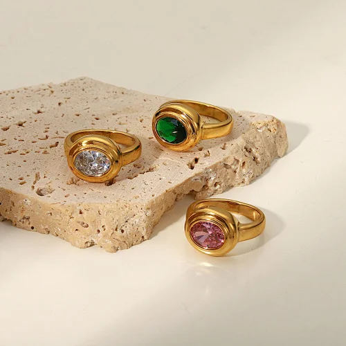 Vintage 18K Gold Plated Stainless Steel Oval Zircon Ring