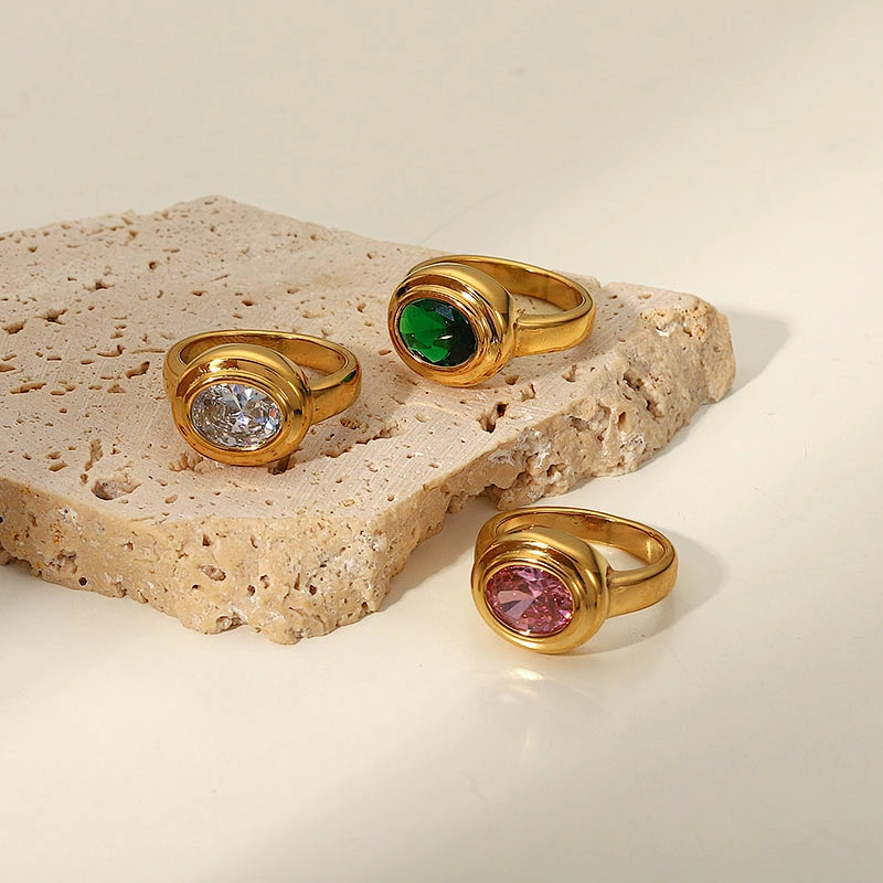 Vintage 18K Gold Plated Stainless Steel Oval Zircon Ring