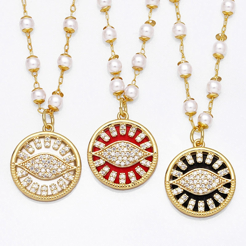 Zirconia Evil Eye Pendant Copper Necklace With Pearl Chain