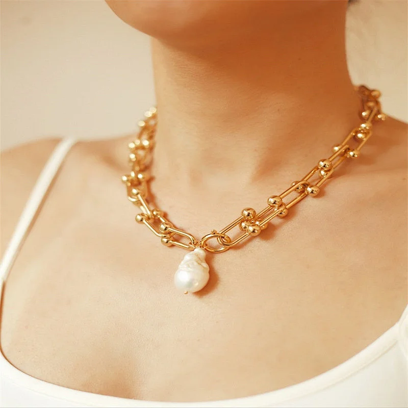 Fashion Freshwater Pearls Gold Plated Chain Necklace