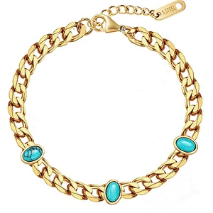 Simple Natural Stone Bracelet Oval Turquoise Cuban Chain Bracelet
