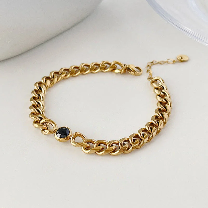Gold Chain Zircon Titanium Steel Necklace Simple Bracelet Women Set