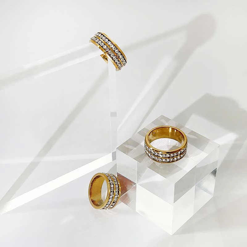Gold Plated Double Row Rhinestone Stainless Steel Ring