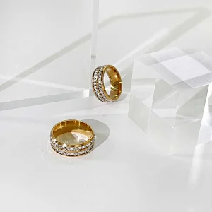 Gold Plated Double Row Rhinestone Stainless Steel Ring