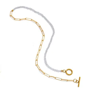 Simple OT Buckle Beaded Necklace Stainless Steel Chain Necklace
