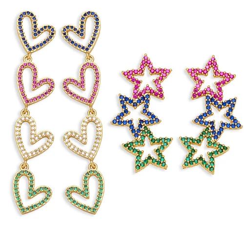 Heart Star Gold Plated Copper CZ Stone Women Girls Earrings