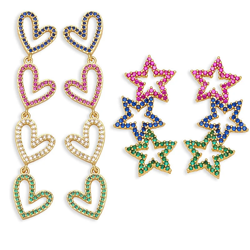 Heart Star Gold Plated Copper CZ Stone Women Girls Earrings