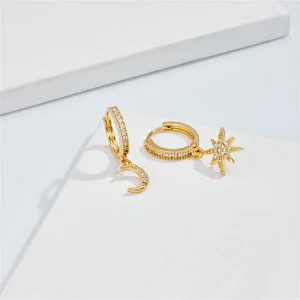 Asymmetric Star Moon Earrings Brass Zircon Hoop Earrings
