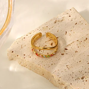 Gold Enamel Multicolored Oil Drip Open Ring