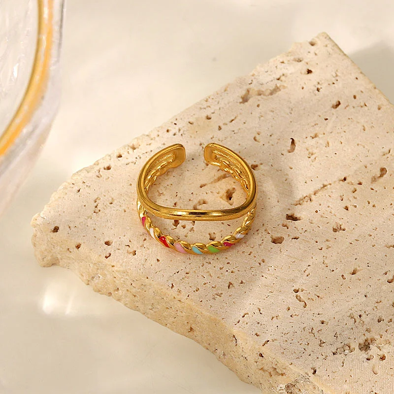 Gold Enamel Multicolored Oil Drip Open Ring