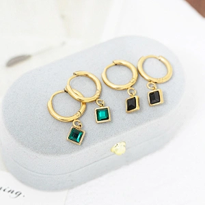 Black Zircon Hoop Square Pendant Stainless Steel Earrings