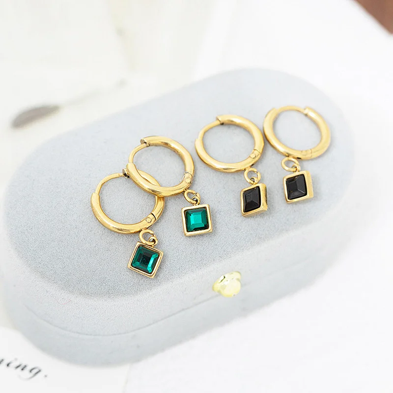 Black Zircon Hoop Square Pendant Stainless Steel Earrings