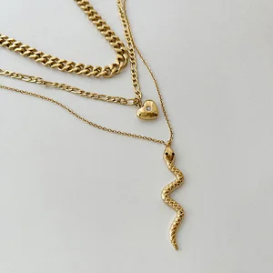 Simple Heart Zircon Pendant Necklace Snake Pendant Multilayer Necklace