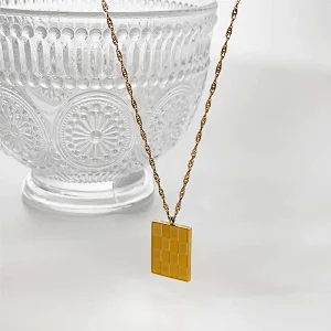 Stainless Steel Checkerboard Small Square Necklace