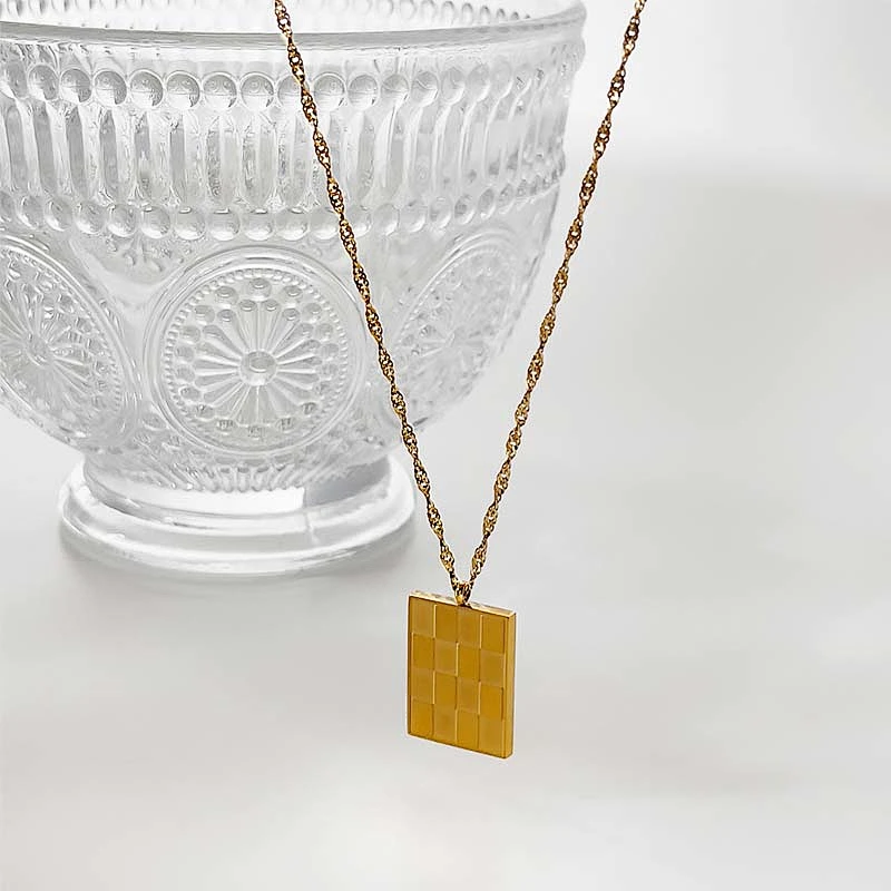 Stainless Steel Checkerboard Small Square Necklace