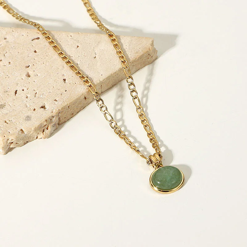 Vintage Jade Pendant Steel Necklace Clavicle Chain Ladies