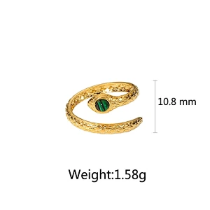 Stainless Steel Snake Ring With Green Stone