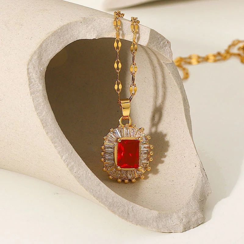 Fashion Steel Necklace Red Zircon Pendant Necklace
