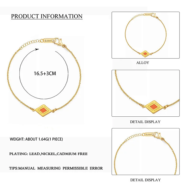 Charm Bracelet Gold Plated Chain Stainless Steel Rhombus