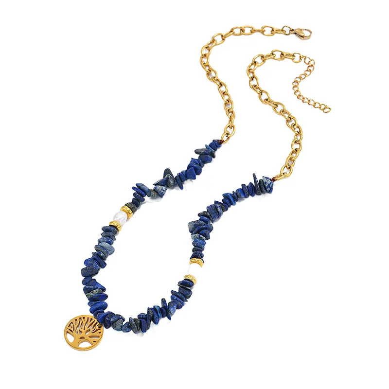 Blue Natural Stone Stainless Steel Hollow Tree Pendant Necklace