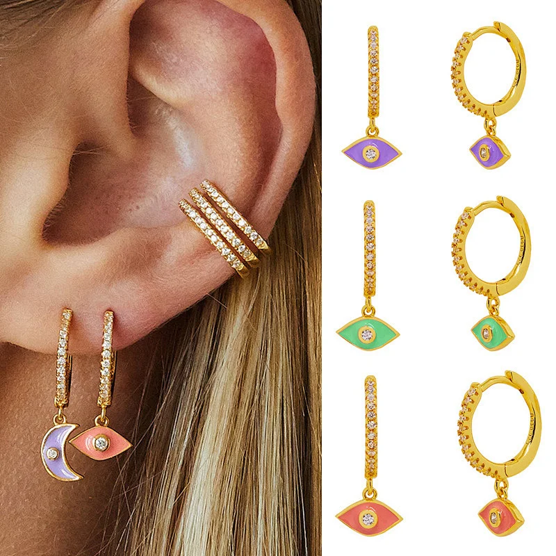 Enamel Eye Shape Earrings Brass Zircon Hoop Earrings