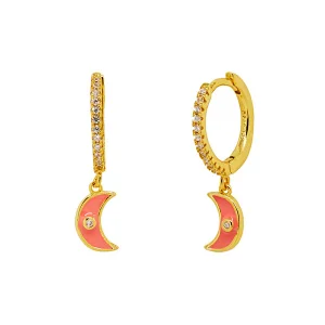 Brass Drop Enamel Moon Shape Zirconia Earring Jewelry
