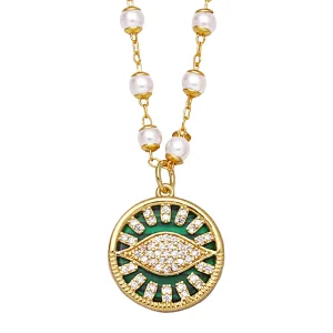 Zirconia Evil Eye Pendant Copper Necklace With Pearl Chain