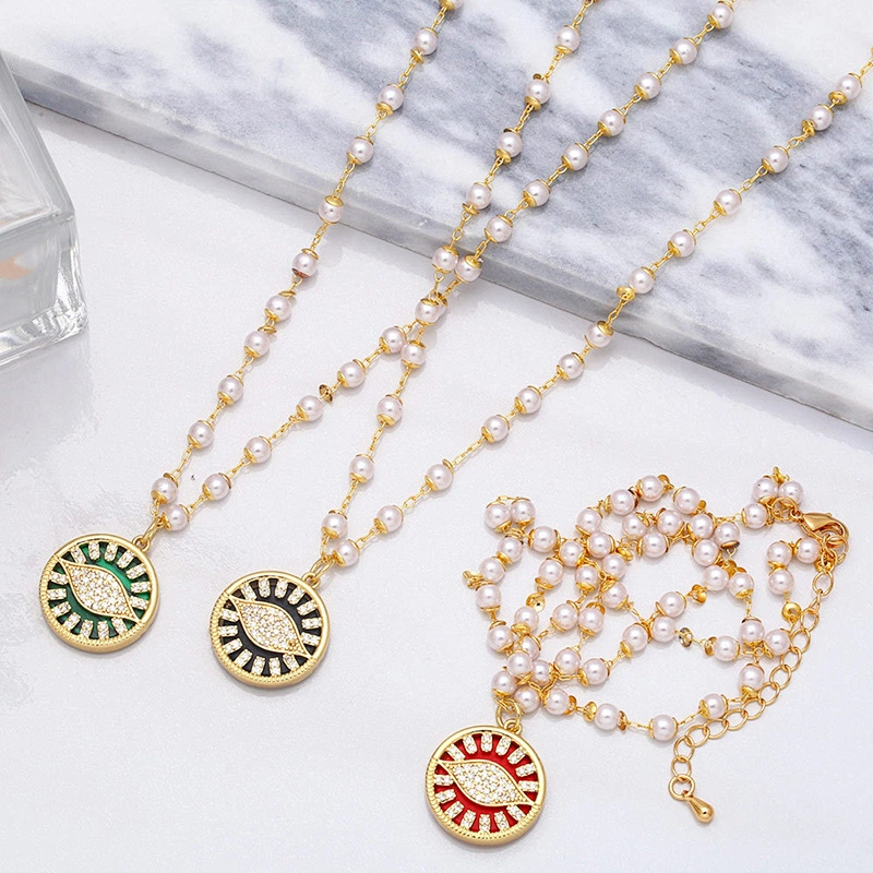 Zirconia Evil Eye Pendant Copper Necklace With Pearl Chain