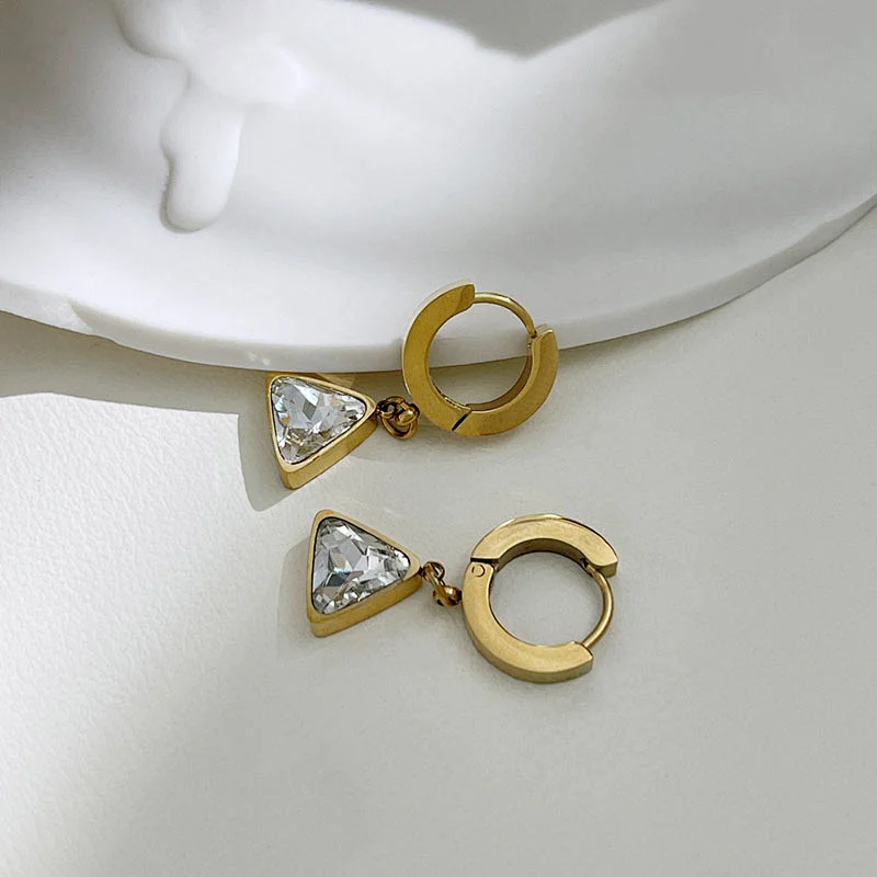 18K Gold Triangle Earrings Zircon Pendant Hoop Earrings Women