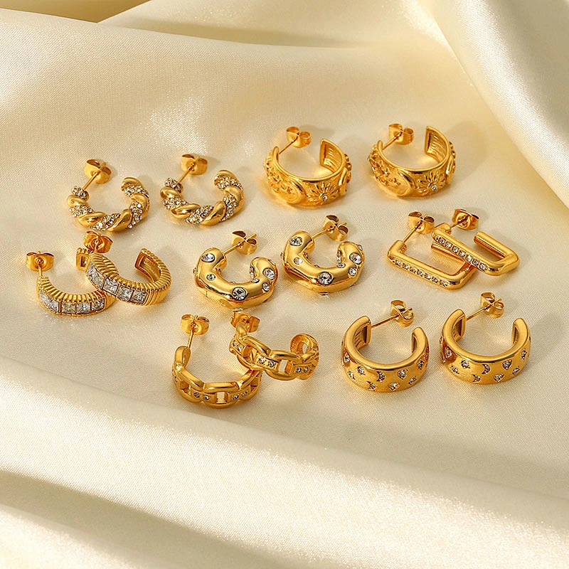 Fashion Zircon C Shape Earrings Stainless Steel Earrings Set