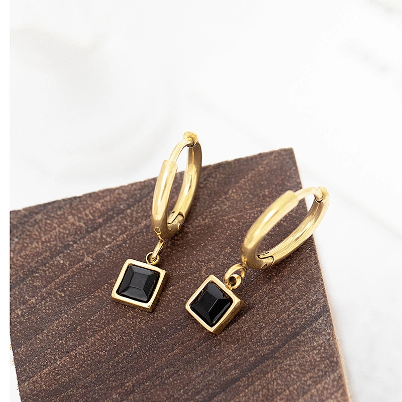 Black Zircon Hoop Square Pendant Stainless Steel Earrings