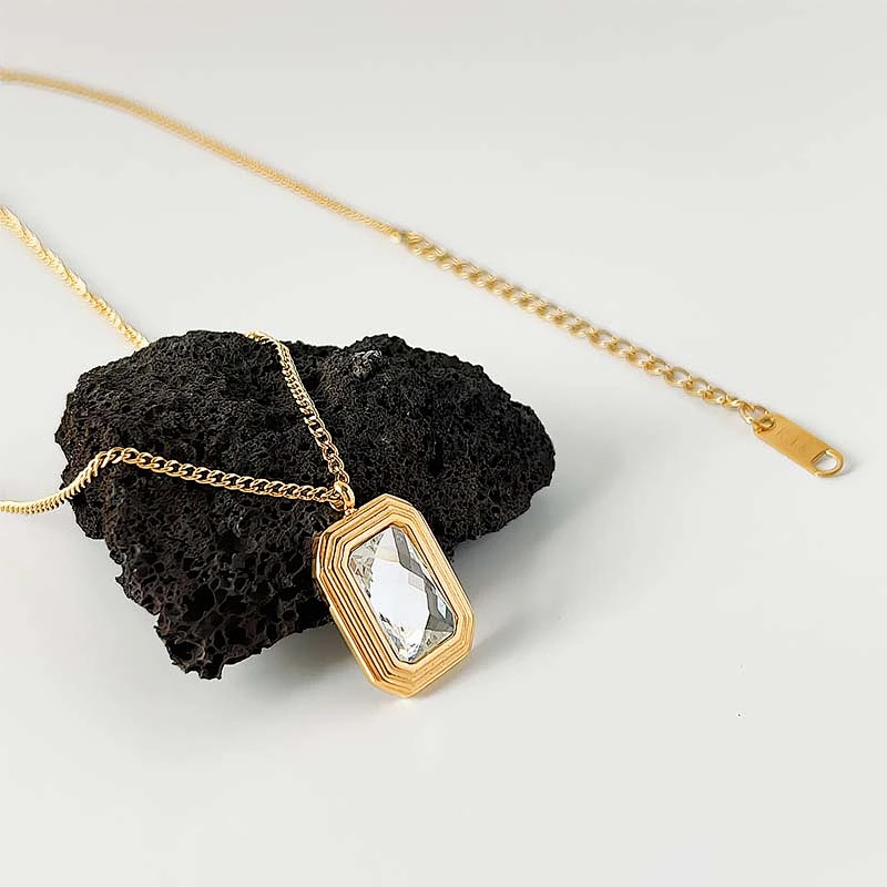 Stainless Steel Square Crystal Glass Pendant Necklace