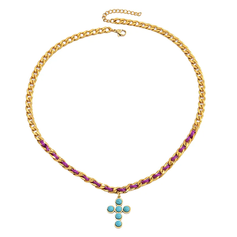 New Natural Stone Cross Pendant Stainless Steel Necklace
