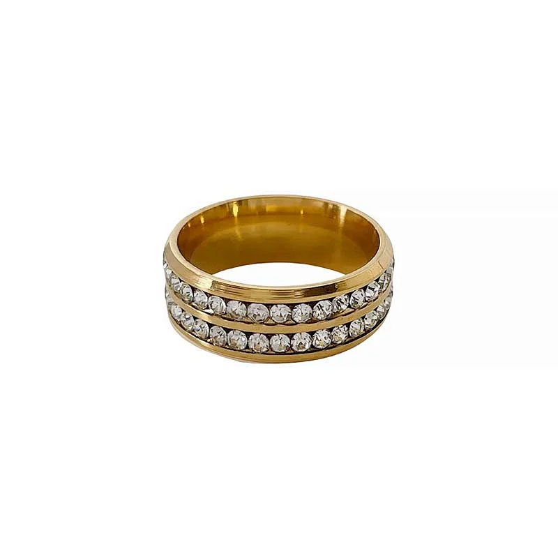 Gold Plated Double Row Rhinestone Stainless Steel Ring