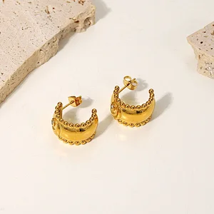 Gold Basic Stud Earring Embossed Design Zircon Earrings
