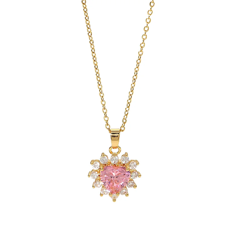 Pink Heart Shaped Cubic Zirconia Pendant Necklace Women