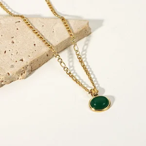 Vintage Jade Pendant Steel Necklace Clavicle Chain Ladies
