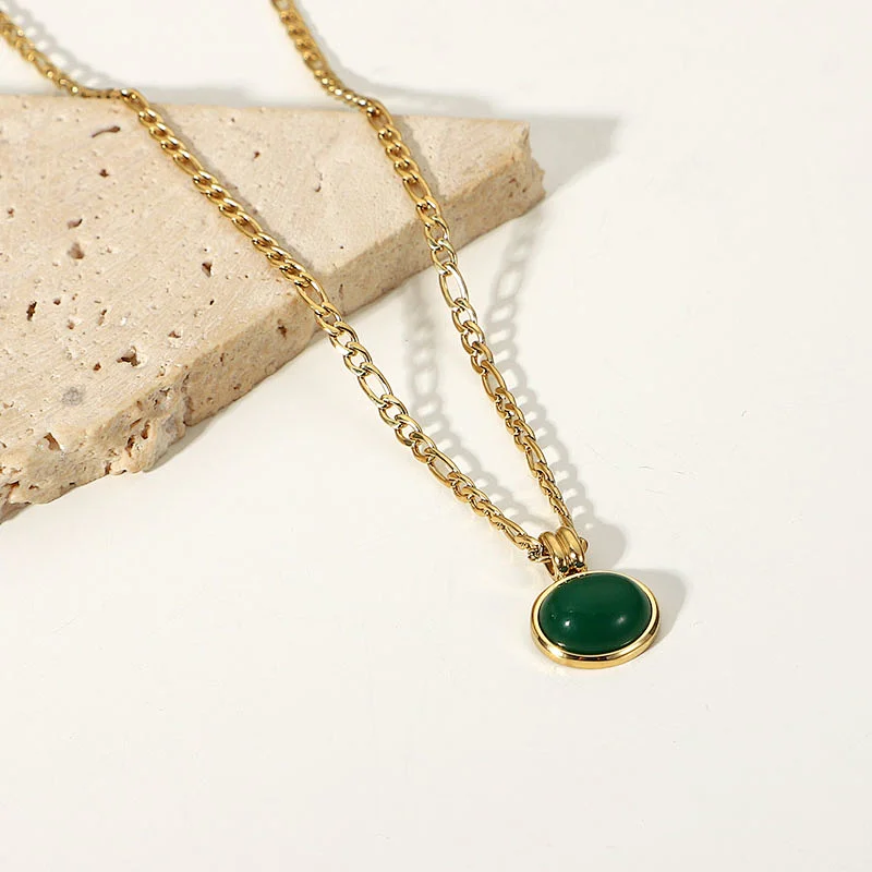 Vintage Jade Pendant Steel Necklace Clavicle Chain Ladies